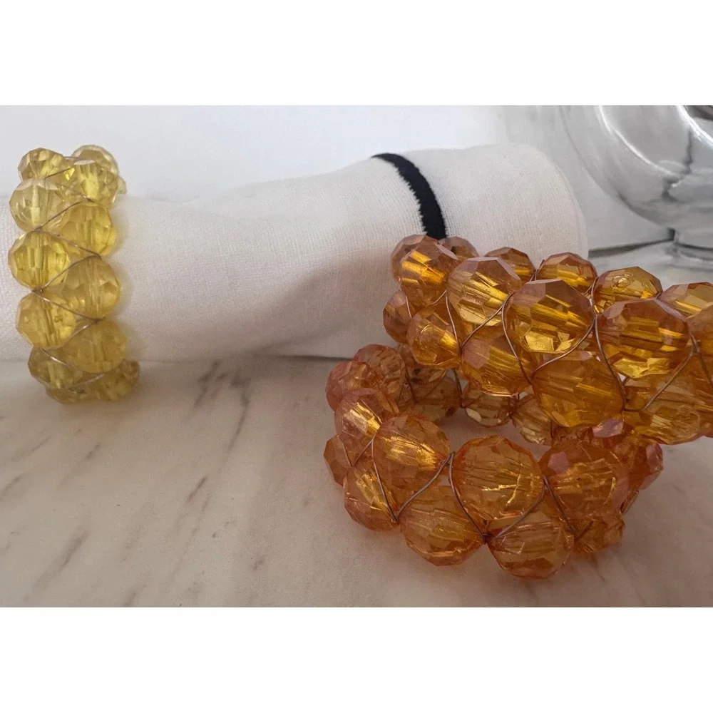 Set of 8 Napkin Rings Clear Square Acrylic and Beaded Amber Yellow Jewel Style